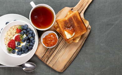 Table with food, breakfast or brunch concept. Top view. Copy space. Lifestyle concept. Horizontal