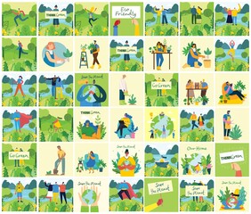 Set of eco save environment pictures. People taking care of planet collage. Zero waste, think green, save the planet, our home hand written text in the flat design © virinaflora