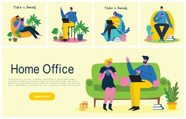 People at home in quarantine. Working at home, coworking space, Webinar, video conference concept vector flat style illustration