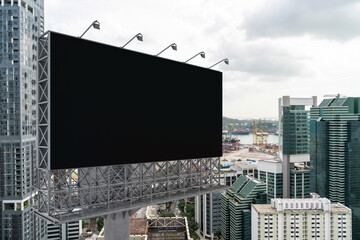 Blank black road billboard with Singapore cityscape background at day time. Street advertising poster, mock up, 3D rendering. Side view. The concept of marketing communication to sell idea.