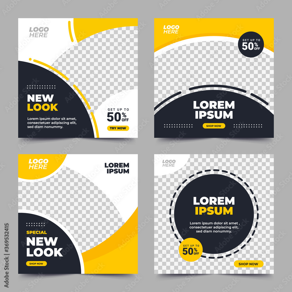 Wall mural set of editable minimal square banner template. black and yellow background color with stripe line s