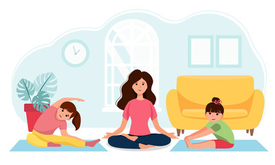 children. morning exercises with mom. active rest with children. beautiful, gentle vector illustration in flat style, cartoon