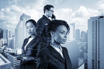 Group of three business colleagues in suits dreaming about new career opportunities after MBA...