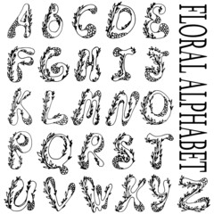 Vector black and white isolated set of letters of English alphabet with ornamental floral decor. Perfect for books, posters, stickers, decorations, stationary, notebooks.