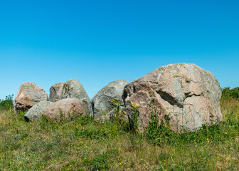 stones in the clay of the road, the stones have grown in the green grass