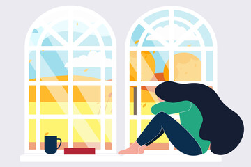 girl sitting on the window is sad. autumn book and a mug of tea. vector illustration in flat style
