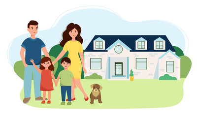 a happy family. mom, dad with children. against the background of a large house, a beautiful, gentle vector illustration in flat style, cartoon