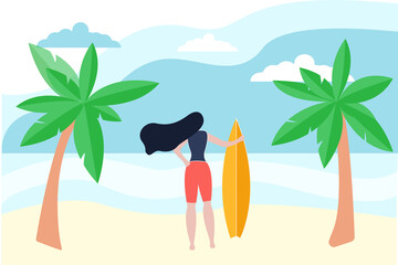 girl with a surfboard. ocean shore with palm trees. vacation at sea. leisure. Vector flat design people.