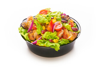 Fresh healthy salad with chicken, cherry tomatoes, red onion, lettuce, sweet corn and beans, fast food delivery concept take away plastic bowl or container on white background, healthy eating, dieting