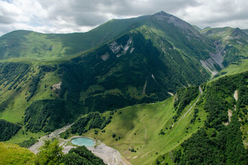 Military Georgian road, Georgia, Gergeti village. Caucasian mountains. 02.08.2020