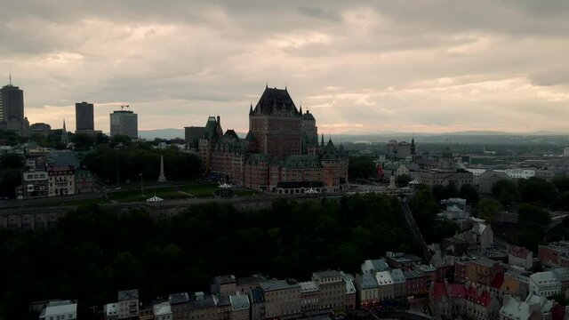 Old Quebec With The Historic Hotel Of Fairmont Le Chateau Frontenac - Chateau Frontenac And Wolfe&ndash;Montcalm Monument In Quebec City, Canada On A Sunrise. - aerial drone