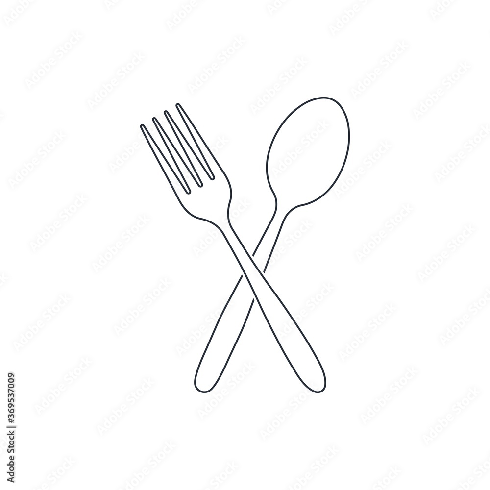 Poster a spoon and a fork. vector linear icon isolated on white background.