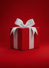 Red gift with ribbon and bow-knot on a red background. High quality expensive present. Birtday, Christmas, Valentine's day. Luxury	
