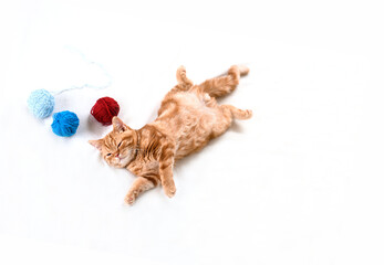 A small red-haired kitten on a light bed lies with threads. Place for text. Kitten plays