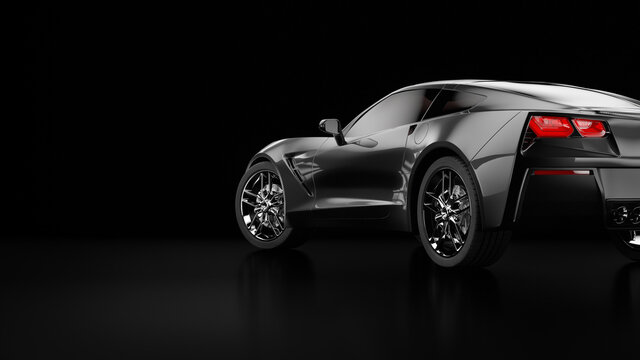3d rendering of a modern black sedan car with studio light.