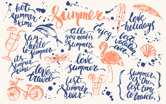 Hand drawn ink summer design element and lettering set