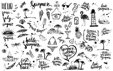 Hand drawn black ink summer design element set