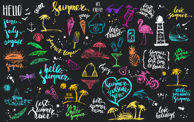 Hand drawn colored chalk summer design element set - obrazy, fototapety, plakaty
