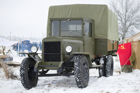 SAINT-PETERSBURG, RUSSIA - JANUARY 14, 2018: ZIS-5 is the legendary Soviet truck of the Great Patriotic War period close to a cloudy winter day