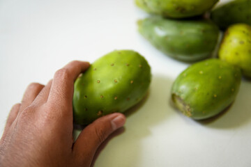 Tuna, fruta tropical. Mano de hombre tomando una tuna, fruta tropical de latinoamérica