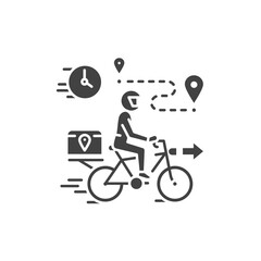 Courier delivery black glyph icon. Man rides bicycle. Express shipping. Sign for web page, app. UI UX GUI design element