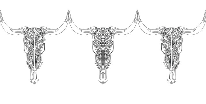 Ethnic Seamless Pattern of Cowl Skulls. Vector Illustration. Stylized Bull Heads. Decorative Texture Background. Design for Fabric or Wallpaper. Lacy Fashion Print for Textile. Art Nouveau Style.
