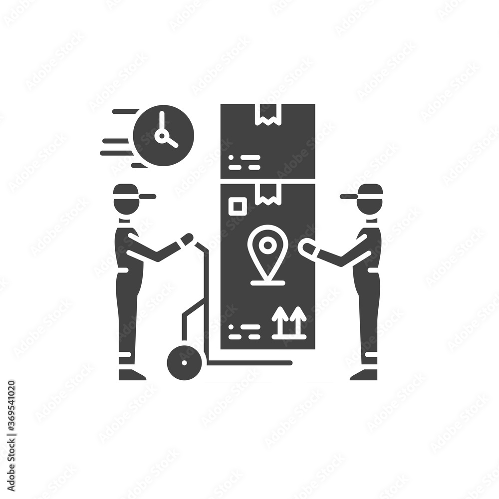 Poster oversized goods delivery black glyph icon. services loaders sign. loading and unloading operations. 