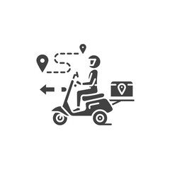 Courier delivery black glyph icon. Man rides motorcycle. Express shipping. Sign for web page, app. UI UX GUI design element