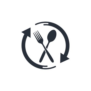 Spoon, fork and rotation arrows. Vector linear icon isolated on white background.