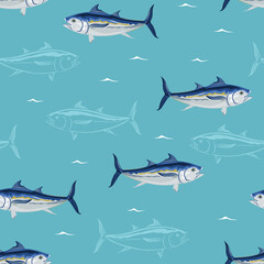 Tuna fish seamless pattern. Vector illustration of fish in the blue sea. Cartoon flat style. Seafood background.