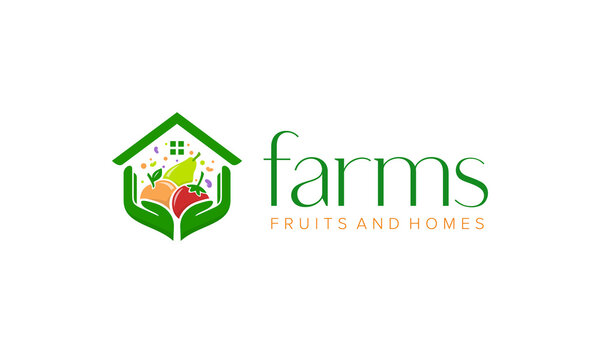 illustration vector graphic logo designs. pictogram logo combination harvest fruits, hands, and roof