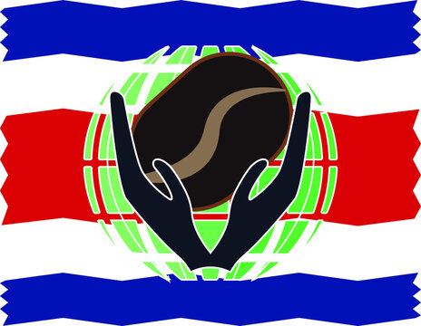 international coffee day with the shape of a hand carrying coffee beans on green golbe and ornaments like the costa rica flag