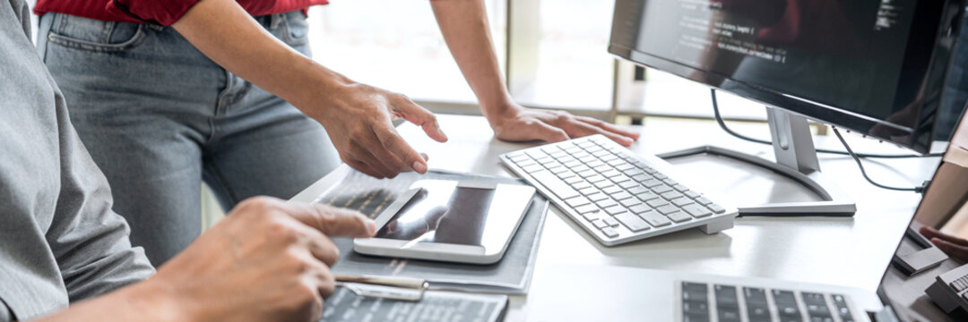 Two programmer cooperating and working on web site project in a software