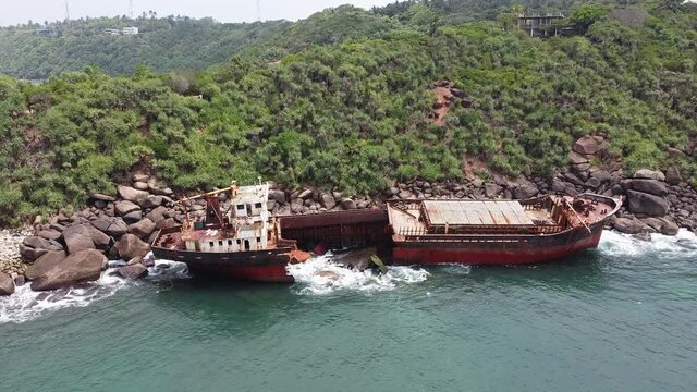 The rusty shipwreck run aground. Sri Lanka