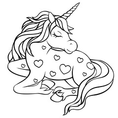 Cute magical unicorn with hearts. Coloring picture.