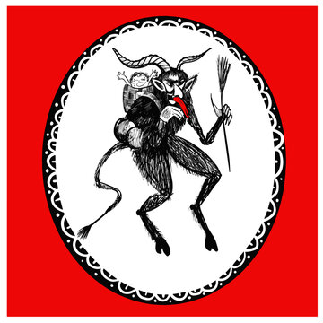 Krampus. Scary krampus. Horned devil. Realistic. Heck. Traditional Christmas devil. Little devil stealing a child. Hand drawn illustration for cards, posters, stickers and professional design. 