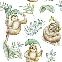 Seamless pattern with cute sloths and tropical leaves. Mom and baby. Watercolor. Illustration. Lovely cartoon animals with a smile. Motherhood. Template. Illustration. Watercolor. Baby shower.