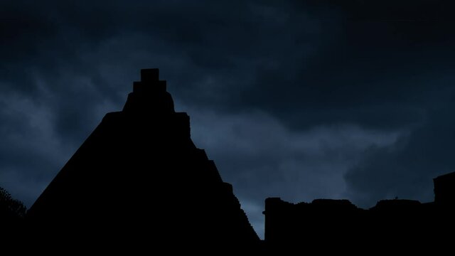 Lightning and Thunderstorm Flash over the Pyramid of the Magician in Ancient Mayan city Uxmal, Mexico