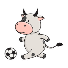 Naklejka premium Cute spotted bull or cow playing football, running for ball, playing sports. Ox is symbol of New Year 2021 according to Chinese and Eastern calendar. Vector stock illustration isolated on white