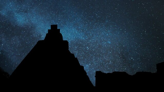 Maya Pyramid of the Magician, Time Lapse by Night with Stars and Milky Way in Background, Uxmal, Mexico