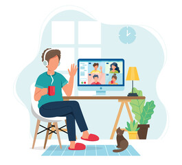 Online meeting via group call. Man talking to friends in video conference. illustration in flat style - obrazy, fototapety, plakaty
