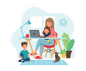 Home office concept. Woman working from home with kids in cozy modern interior. illustration in flat style