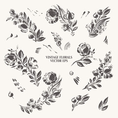 Hand drawn floral bouquetes with roses, dahlia, poppy, berries leaves in black ink.