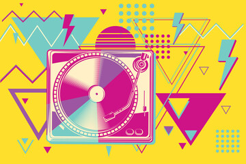 Fototapeta premium 80s disco funky colorful music design - turntable