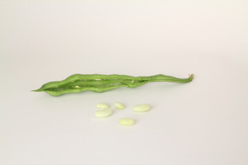 Uncooked dried white haricot beans with fresh raw green beans pod plant isolated on White...
