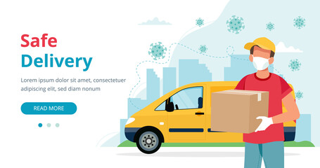Safe delivery concept, delivery man with a box wearing mask and yellow car. illustration in flat style