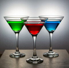 Colorful cocktail liquid in Martini glasses,  being lit from behind.
