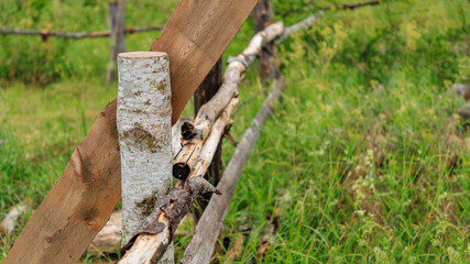 Obraz premium Homemade old fence of tree trunks and boards