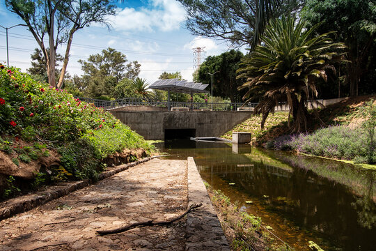 Beautiful modern urban park with a waterway and sollar cells in Mexico City