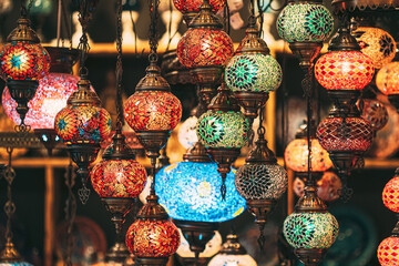 Turkey. Market With Many Traditional Colorful Handmade Turkish Lamps And Lanterns. Lanterns Hanging...